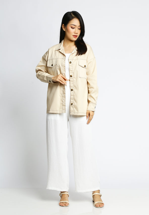 Beige Double Pockets Jacket With Contrast Stitch