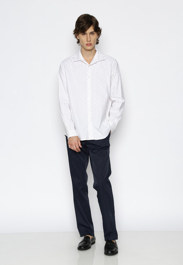 White Geometric Print Cotton Oxford Shirt