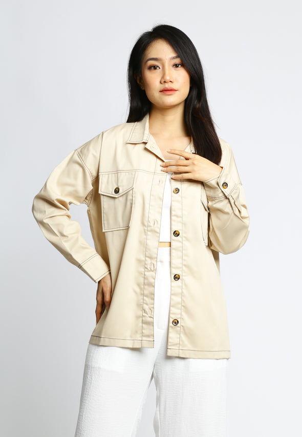 Beige Double Pockets Jacket With Contrast Stitch