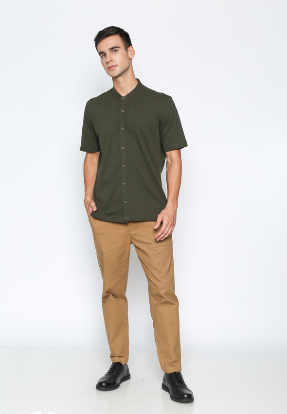 Green Olive Stand Collar Knit Shirt