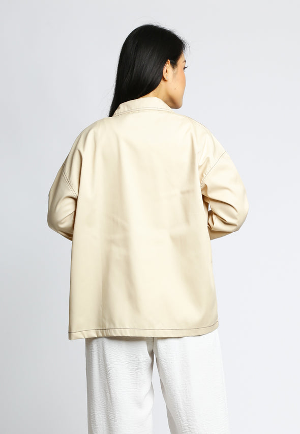 Beige Double Pockets Jacket With Contrast Stitch