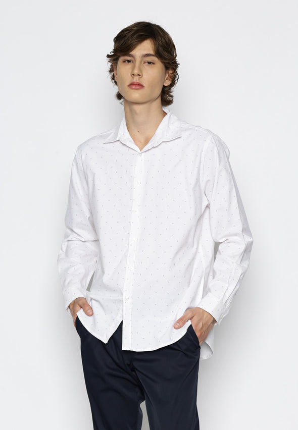 White Geometric Print Cotton Oxford Shirt