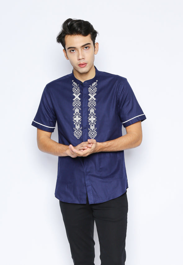 Navy Embroidered Slim Fit Festive Shirt