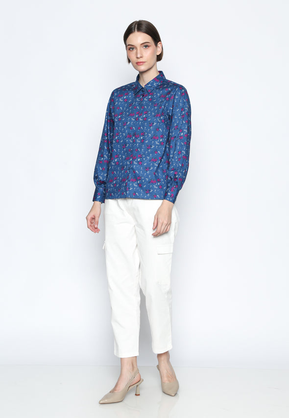 Floral Blue Puff Sleeves Shirt