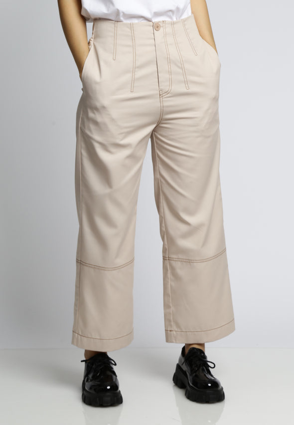 Beige Wide Leg Pants With Contrast Stitch