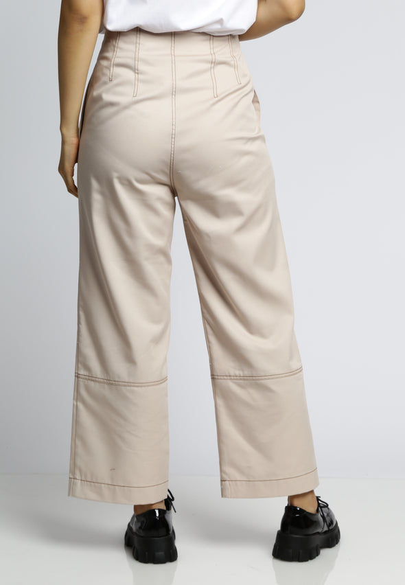 Beige Wide Leg Pants With Contrast Stitch