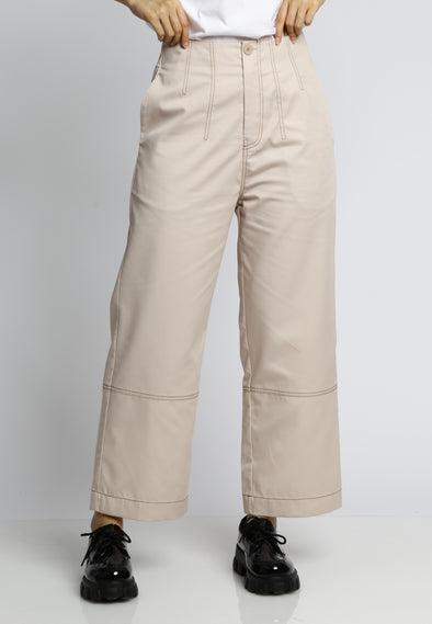 Beige Wide Leg Pants With Contrast Stitch