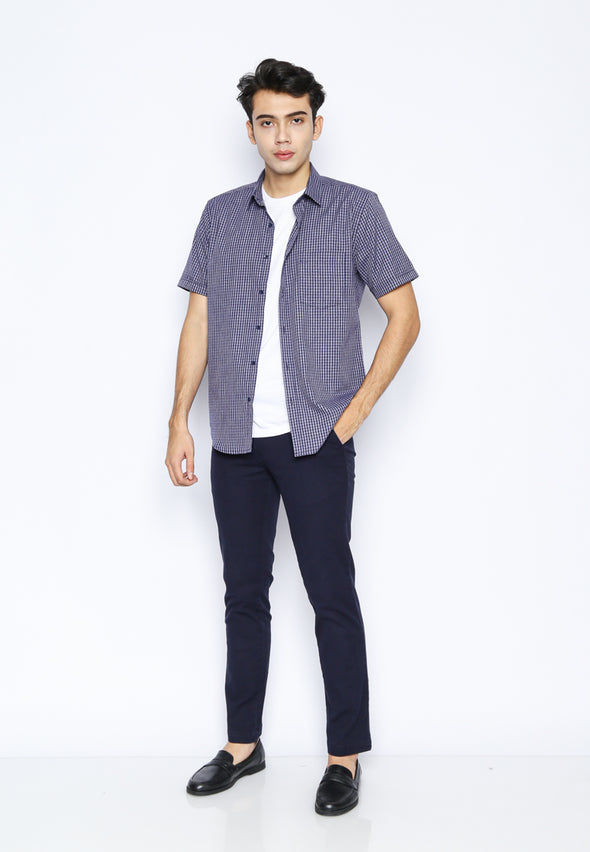 Navy Blue Dobby Checks Slim Fit Shirt