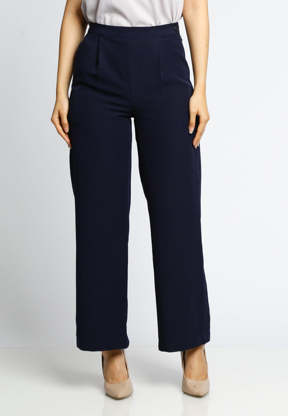 Navy Front Pleated Straight Fit Pants