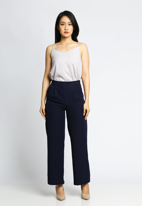 Navy Front Pleated Straight Fit Pants