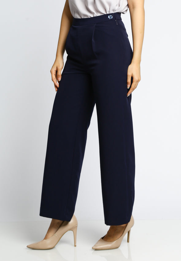 Navy Front Pleated Straight Fit Pants