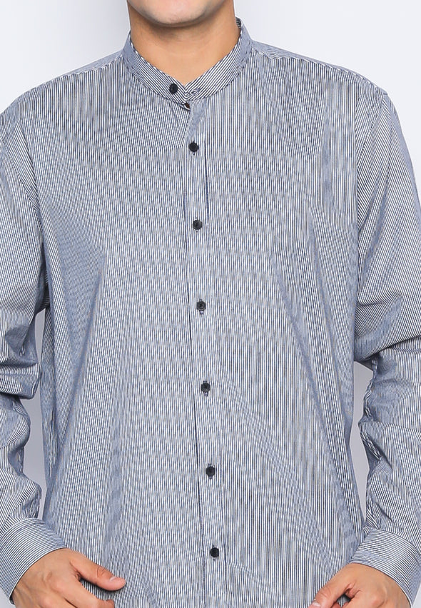 Blue Slub Stripes Stand Collar Shirt