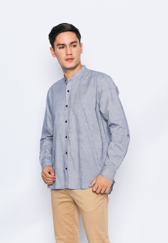 Blue Slub Stripes Stand Collar Shirt