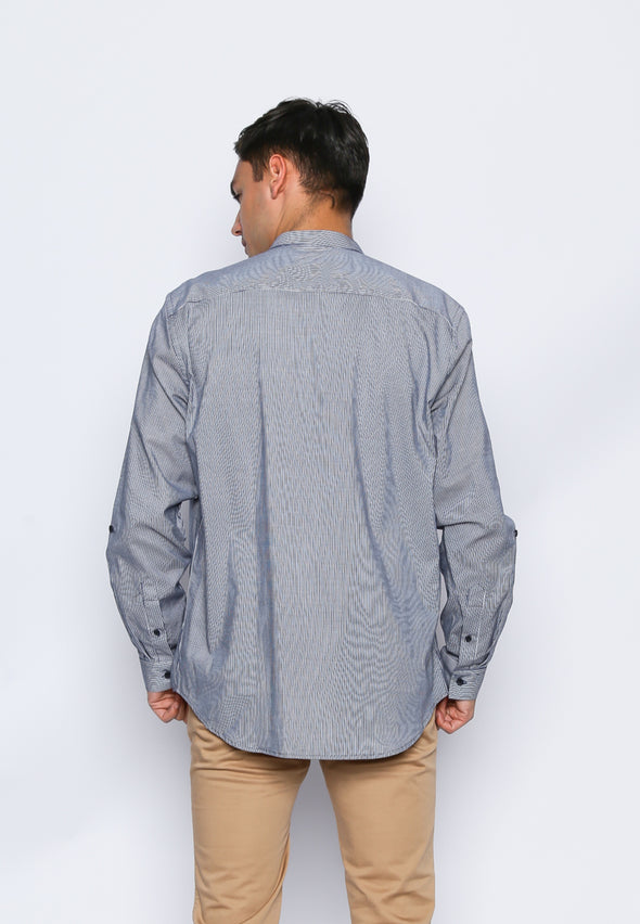 Blue Slub Stripes Stand Collar Shirt