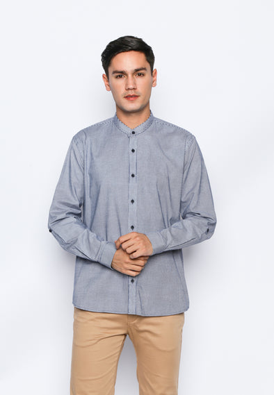 Blue Slub Stripes Stand Collar Shirt