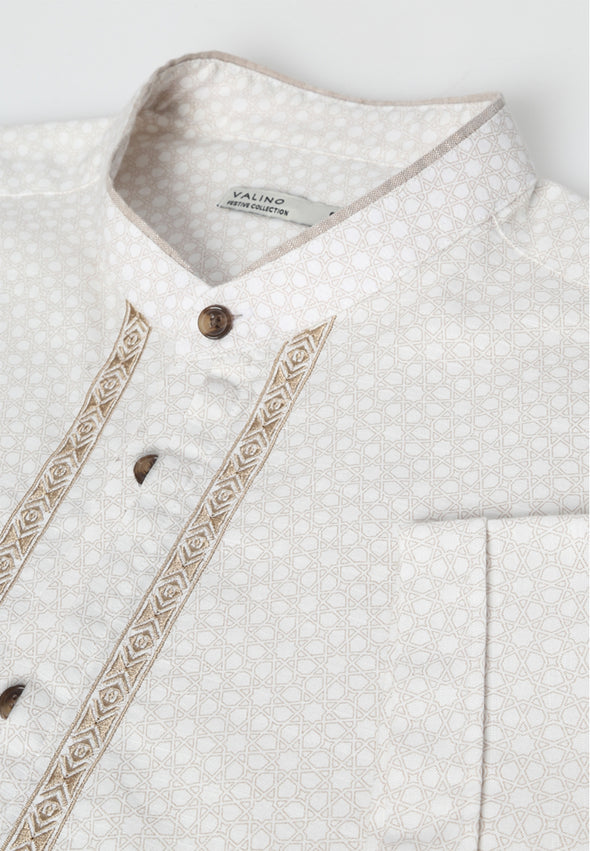 White Geometric Printed Stand Collar Shirt