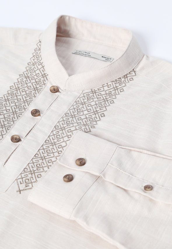 Cream Embroidered Stand Collar Shirt