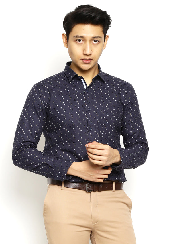 Navy Printed Long Sleeves Slim Fit Shirt