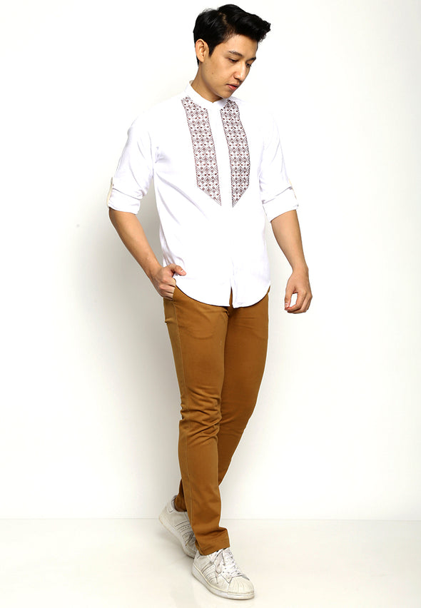 White Festive Long Sleeves Embroidery Details Shirt