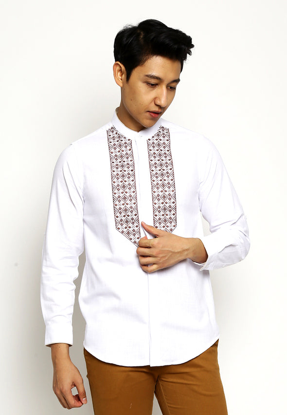 White Festive Long Sleeves Embroidery Details Shirt