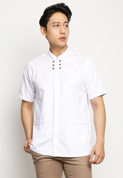 White Short Sleeves Embroidered Festive Shirt