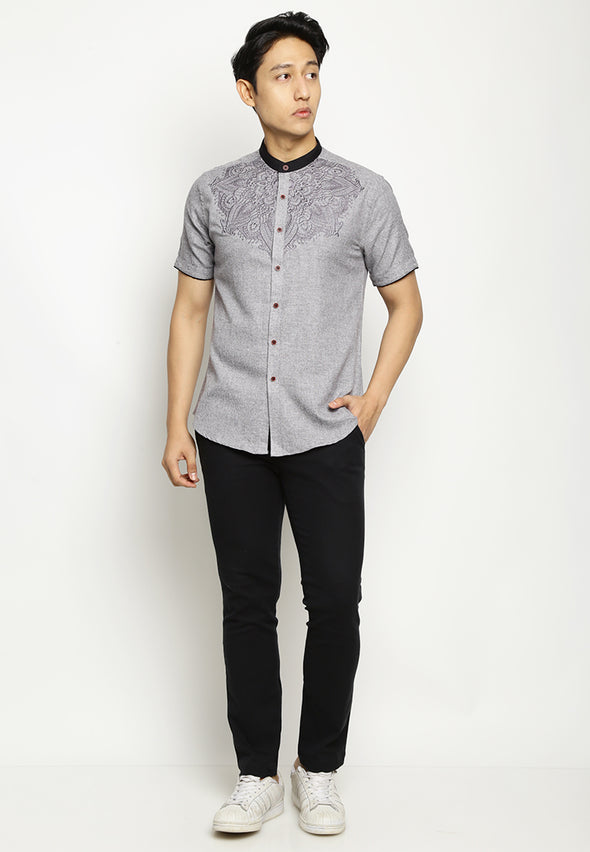 Light Grey Short Sleeves Embroidery Accent Festive Shirt