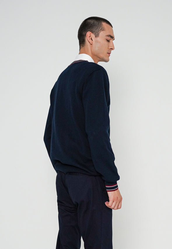 Navy Knit Sweater With Contrast Rib