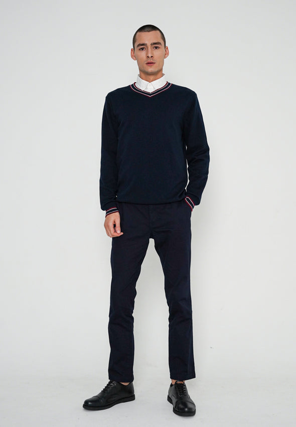 Navy Knit Sweater With Contrast Rib