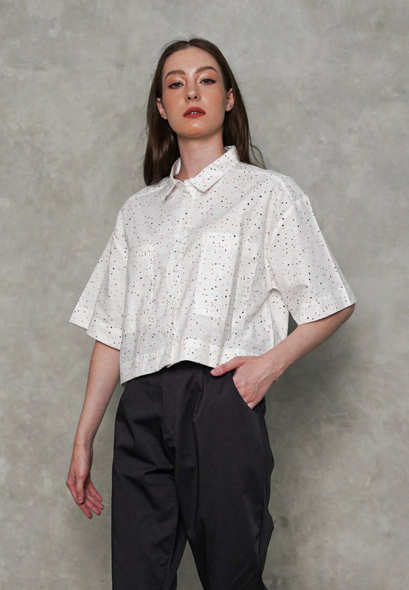 Off White Cropped Printed Shirt