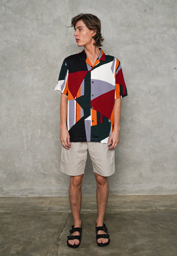 Red Geometric Print Cuban Shirt
