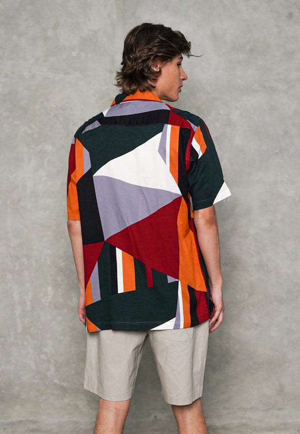 Red Geometric Print Cuban Shirt