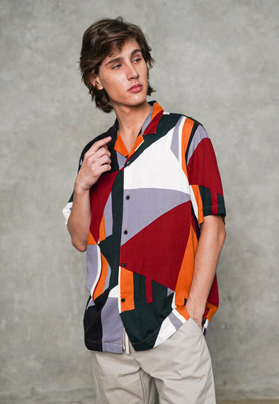 Red Geometric Print Cuban Shirt