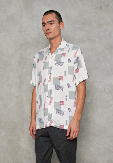 White Abstract Print Cuban Shirt