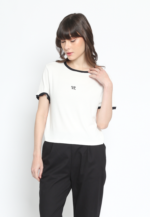 Women's Round Neck Off-White Tee with Contrast Detail