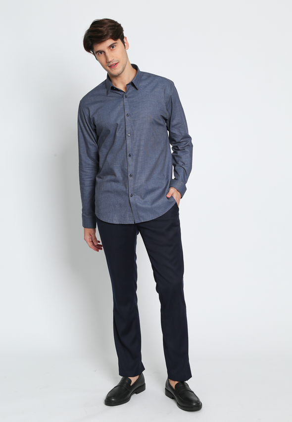 Classic Navy Slim Fit Cotton Shirt with Long Sleeves
