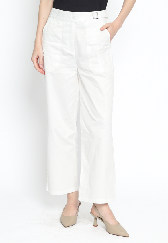 White Wide Leg Pants With Belt Detail