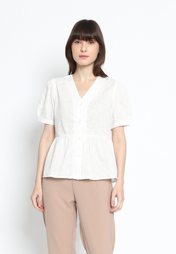 White Peplum Puff Sleeve Lace Shirt