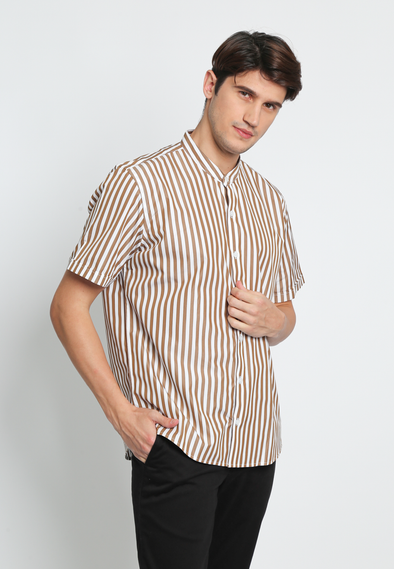Striped Brown White Shanghai Collar Shirt