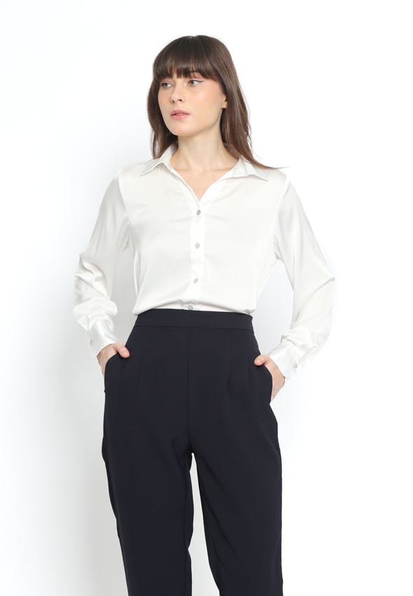 White Satin Oversize Fit Women's Long Sleeve Shirt