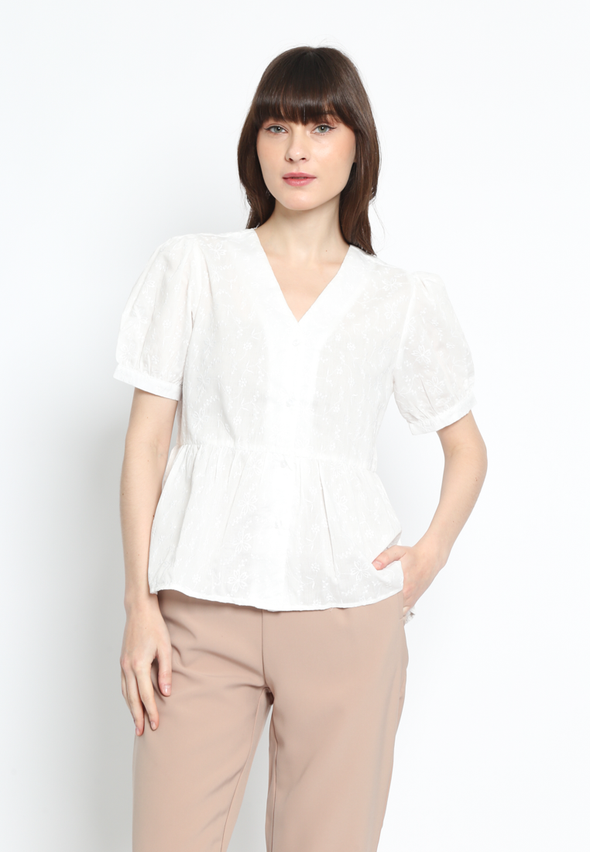 White Peplum Puff Sleeve Lace Shirt